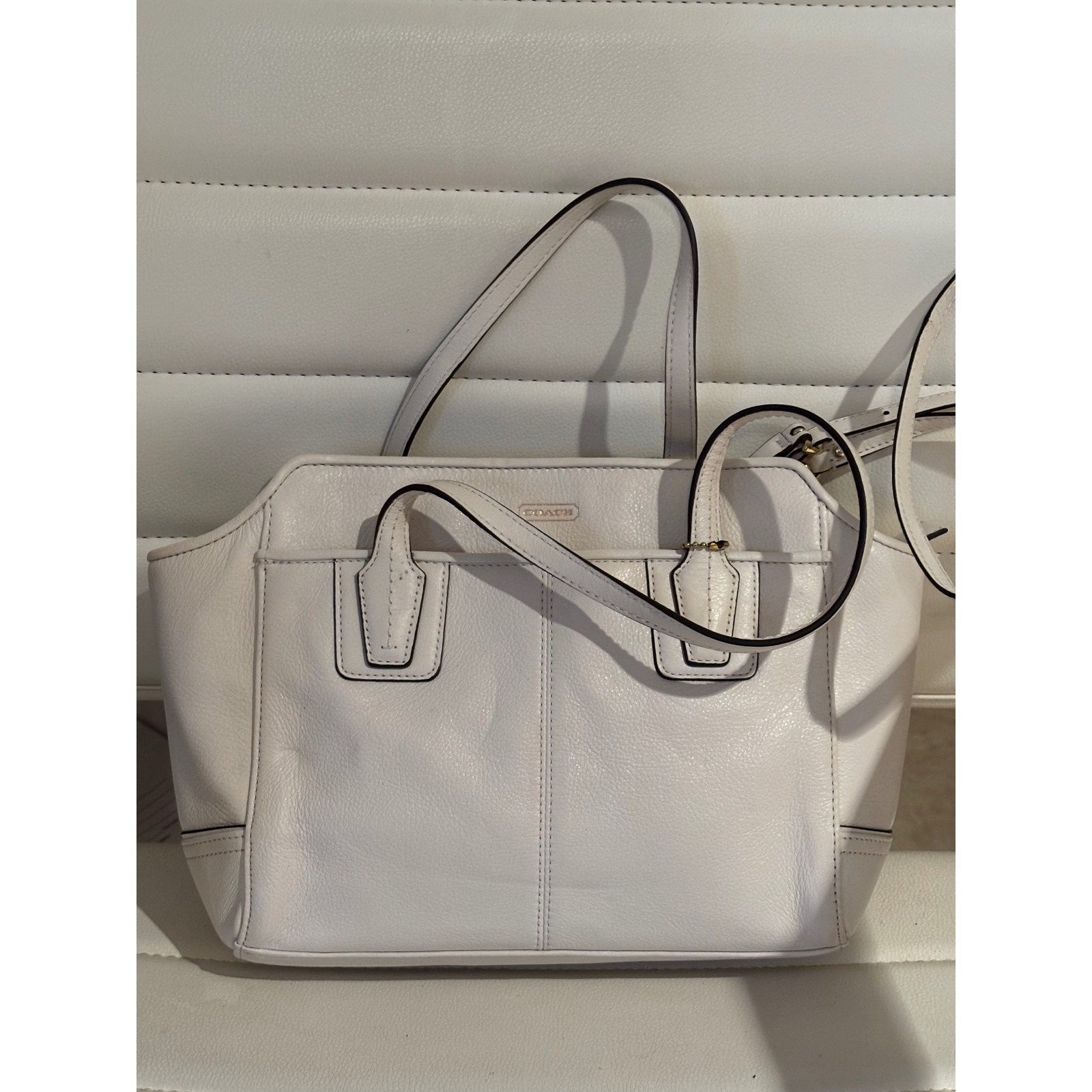 Coach White Pebbled Leather Tote Bag Gold Hardware Crossbody Bag Vintage
